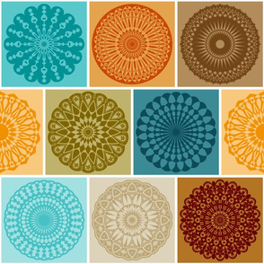 Mandala Brick Square Geometric Patchwork // Turquoise Blue, Khaki, Tan, Caramel, Dark Brown, Amber Gold, Yellow, Olive Green, Ocean Blue