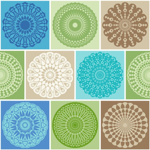 Mandala Brick Square Geometric Patchwork // Grass Green, Dark Khaki, Khaki, Tan, Cornflower Blue, Baby Blue, Turquoise