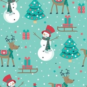 Medium Scale Minty Christmas Snowman Reindeer Tree Sleigh