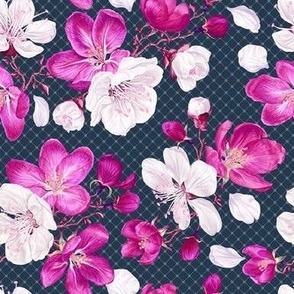 Smaller Bold Fuchsia Apple Blossom Flowers on Navy