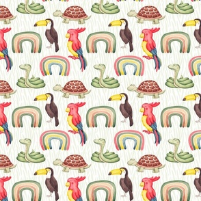 Medium Safari Animals and Rainbows Baby Nursery Watercolor Tropical Turtle Toucan Bird Snake