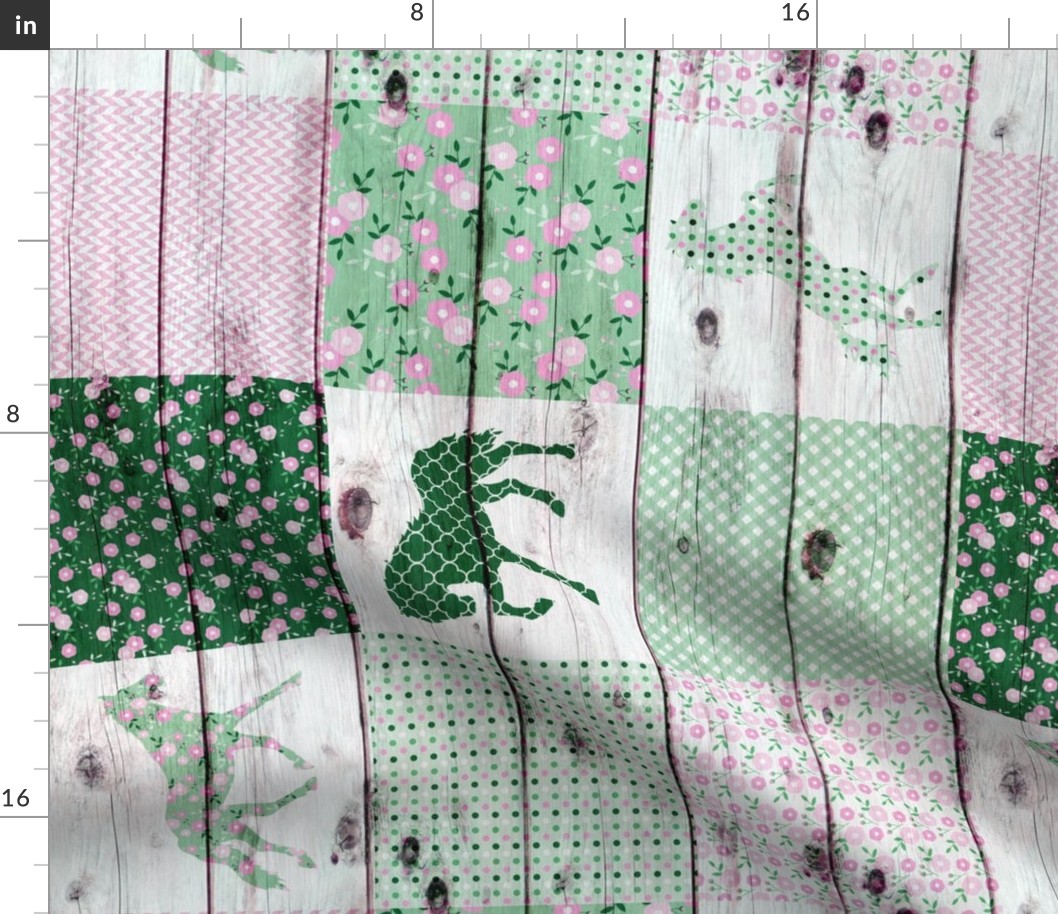 Horse Patchwork Green Pink Rotated - 6 inch squares