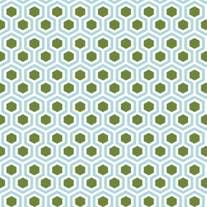 blue and green on white geometric honeycomb hexagons | small scale