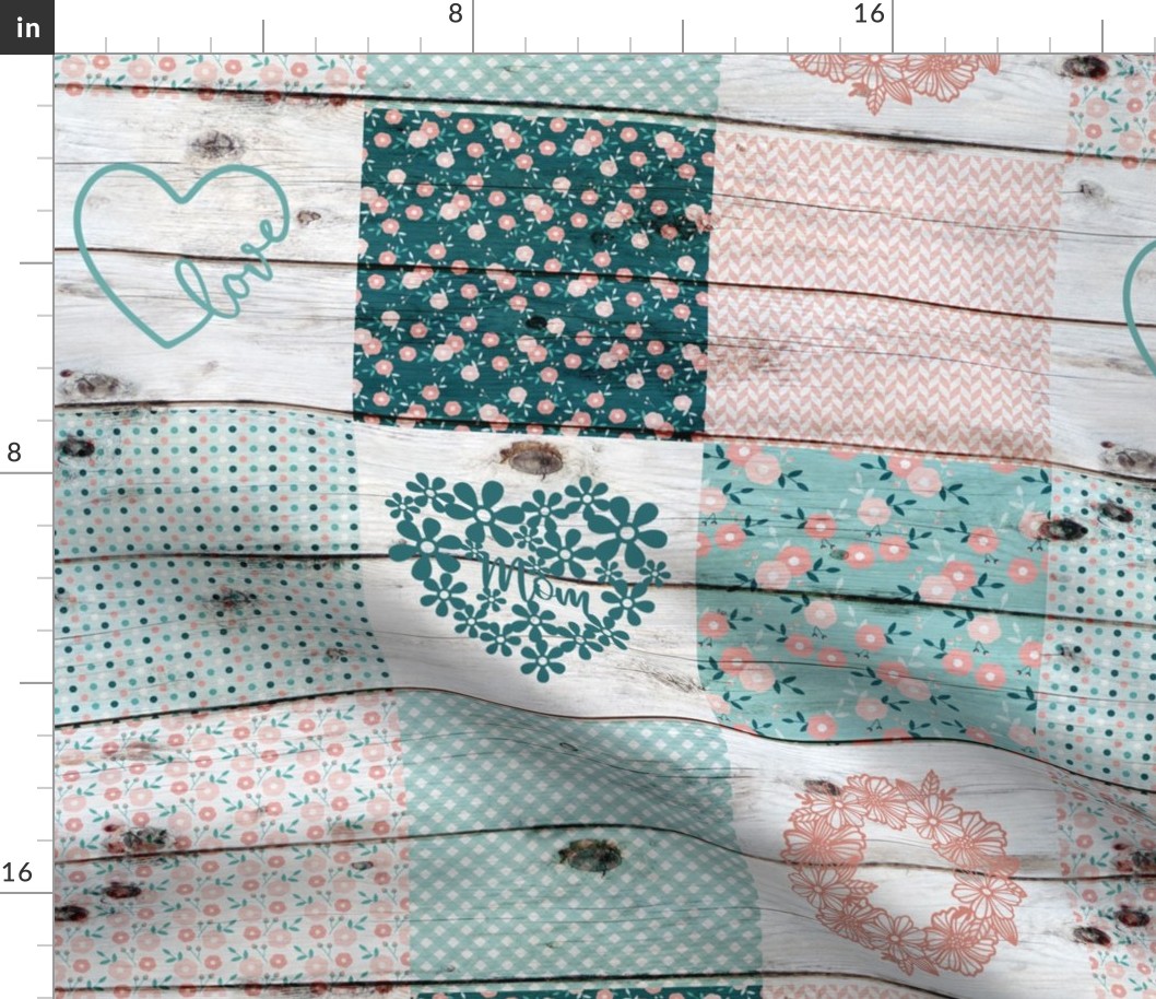 Mom Heart and Floral Patchwork Teal Peach - 6 inch squares