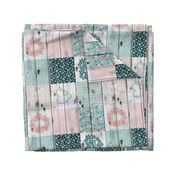 Mom Heart and Floral Patchwork Teal Peach Rotated - 6 inch squares