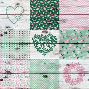 Mom Heart and Floral Patchwork Green Pink - 6 inch squares