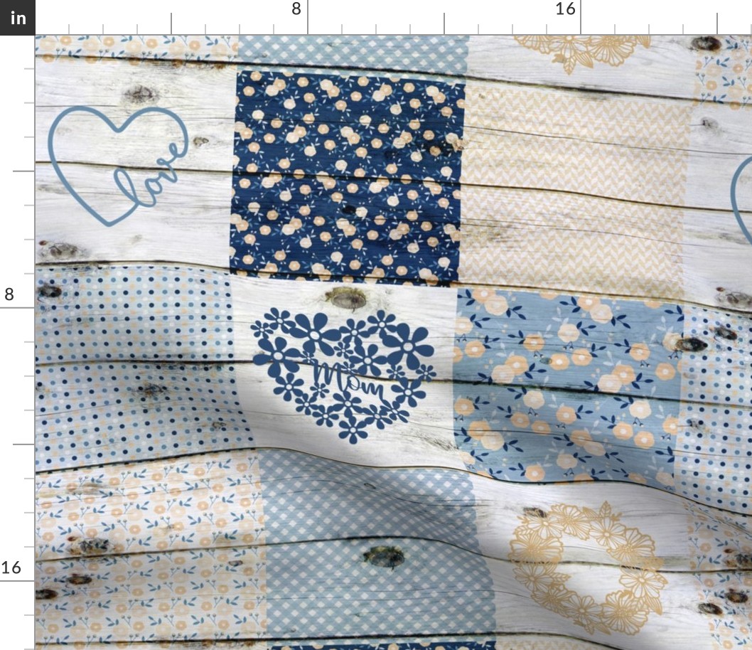 Mom Heart and Floral Patchwork Blue Apricot - 6 inch squares