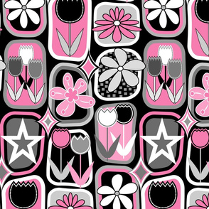 Mid Century Modern Flowers // Tulips, Daisies, Stars // Hot Pink, Gray, Black and White // V1