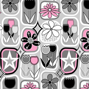 Mid Century Modern Flowers // Tulips, Daisies, Stars // Hot Pink, Gray, Black and White // V2