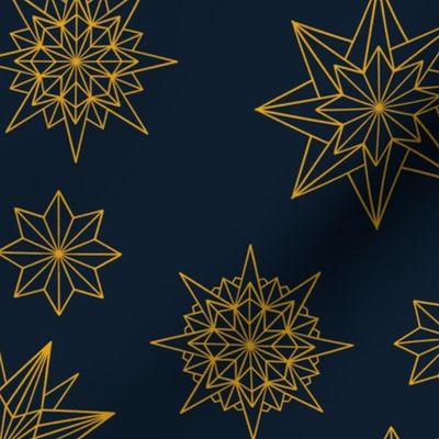 Stars Snowflakes gold on deep blue 