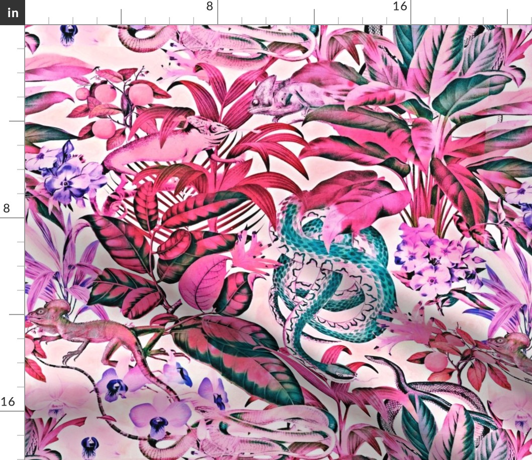 Pink Tropical Reptile And Snake Jungle Pattern 