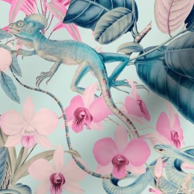 Tropical Reptile And Snake Pattern Pastel Teal And Pink