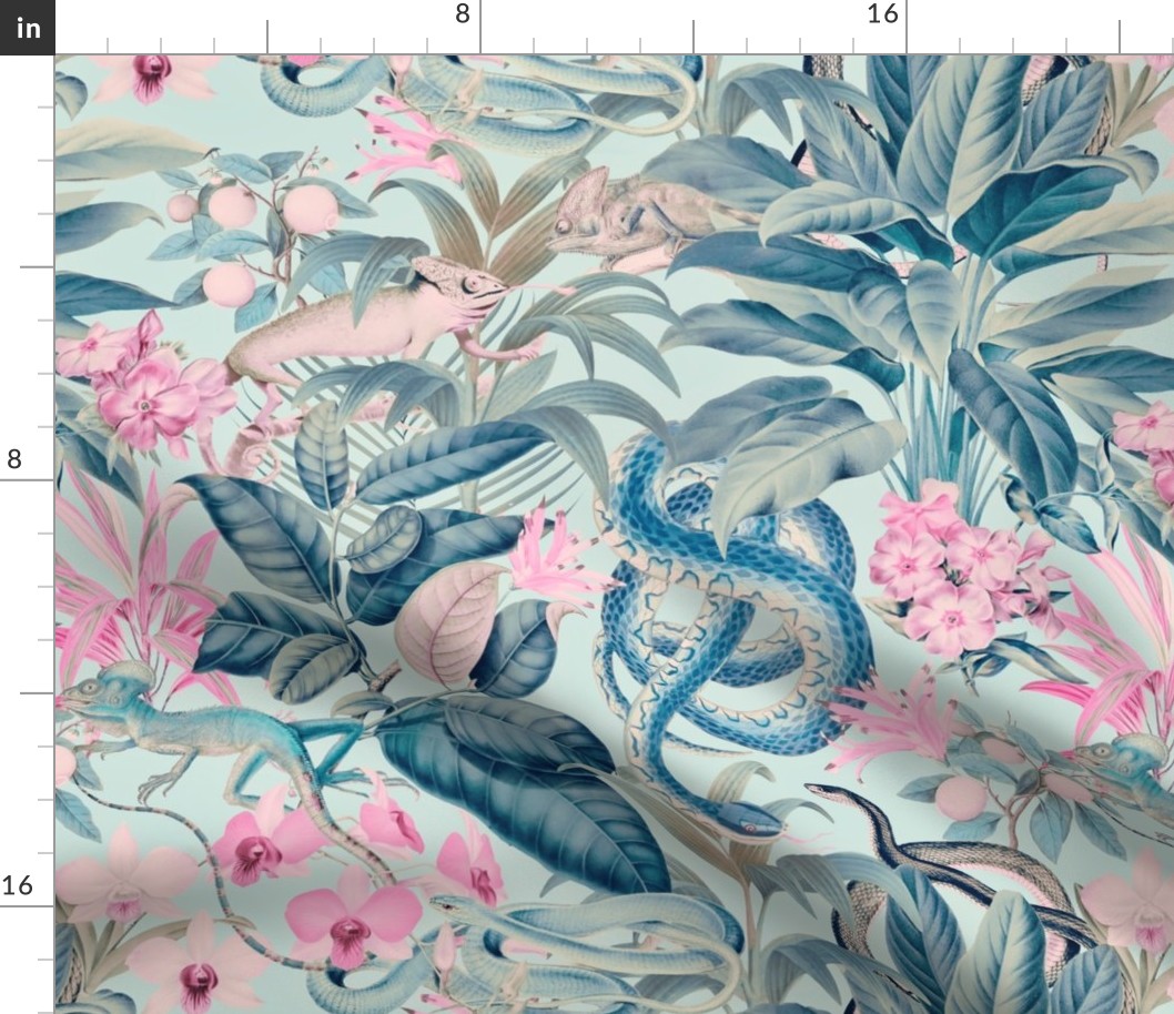 Tropical Reptile And Snake Pattern Pastel Teal And Pink