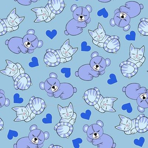 Purple and blue bears, kitties and hearts 