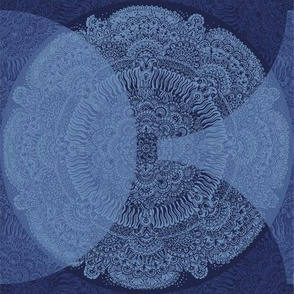 Intricate oriental style mandala pattern in blue tones with abstract spots