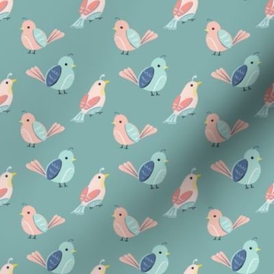 micro | birds | Quilt |  teal background