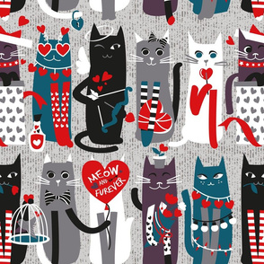 Normal scale // I love you meow and fur-ever // grey background grey green white purple beet and black kittens red Valentine's Day motifs
