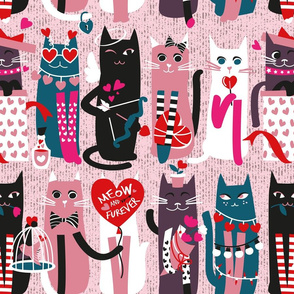 Normal scale // I love you meow and fur-ever // pastel pink background green fuchsia pink white and black kittens red and pink Valentine's Day motifs