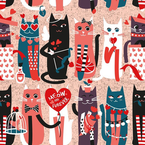 Normal scale // I love you meow and fur-ever // flesh background green coral white and black kittens red and orange shade Valentine's Day motifs
