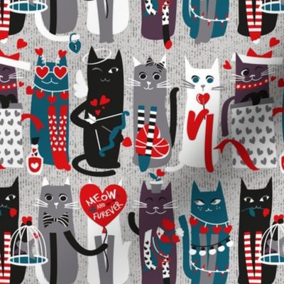 Small scale // I love you meow and fur-ever // grey background grey green white purple beet and black kittens red Valentine's Day motifs