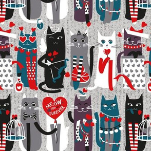 Small scale // I love you meow and fur-ever // grey background grey green white purple beet and black kittens red Valentine's Day motifs