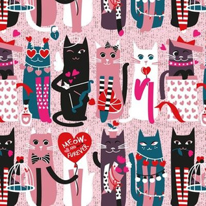 Small scale // I love you meow and fur-ever // pastel pink background green fuchsia pink white and black kittens red and pink Valentine's Day motifs