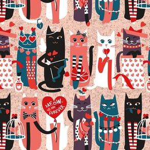 Small scale // I love you meow and fur-ever // flesh background green coral white and black kittens red and orange shade Valentine's Day motifs
