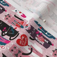 Tiny scale // I love you meow and fur-ever // pastel pink background green fuchsia pink white and black kittens red and pink Valentine's Day motifs