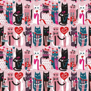 Tiny scale // I love you meow and fur-ever // pastel pink background green fuchsia pink white and black kittens red and pink Valentine's Day motifs