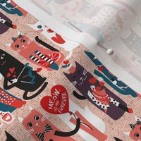Tiny scale // I love you meow and fur-ever // flesh background green coral white and black kittens red and orange shade Valentine's Day motifs