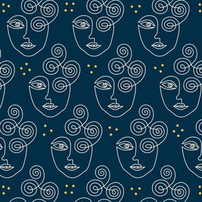 Continuous line drawing Midnight Faces navy blue white