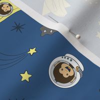 Astronaut monkey, banana rocket space ship, green, orange, purple planets, yellow stars, gray asteroids.
