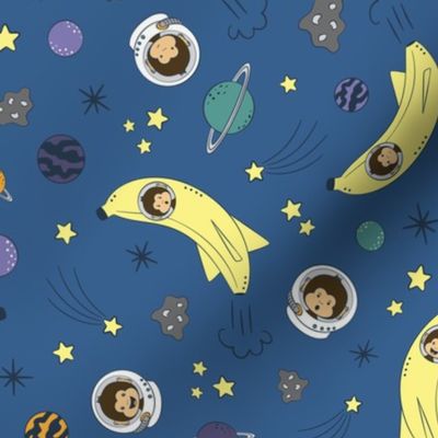 Astronaut monkey, banana rocket space ship, green, orange, purple planets, yellow stars, gray asteroids.