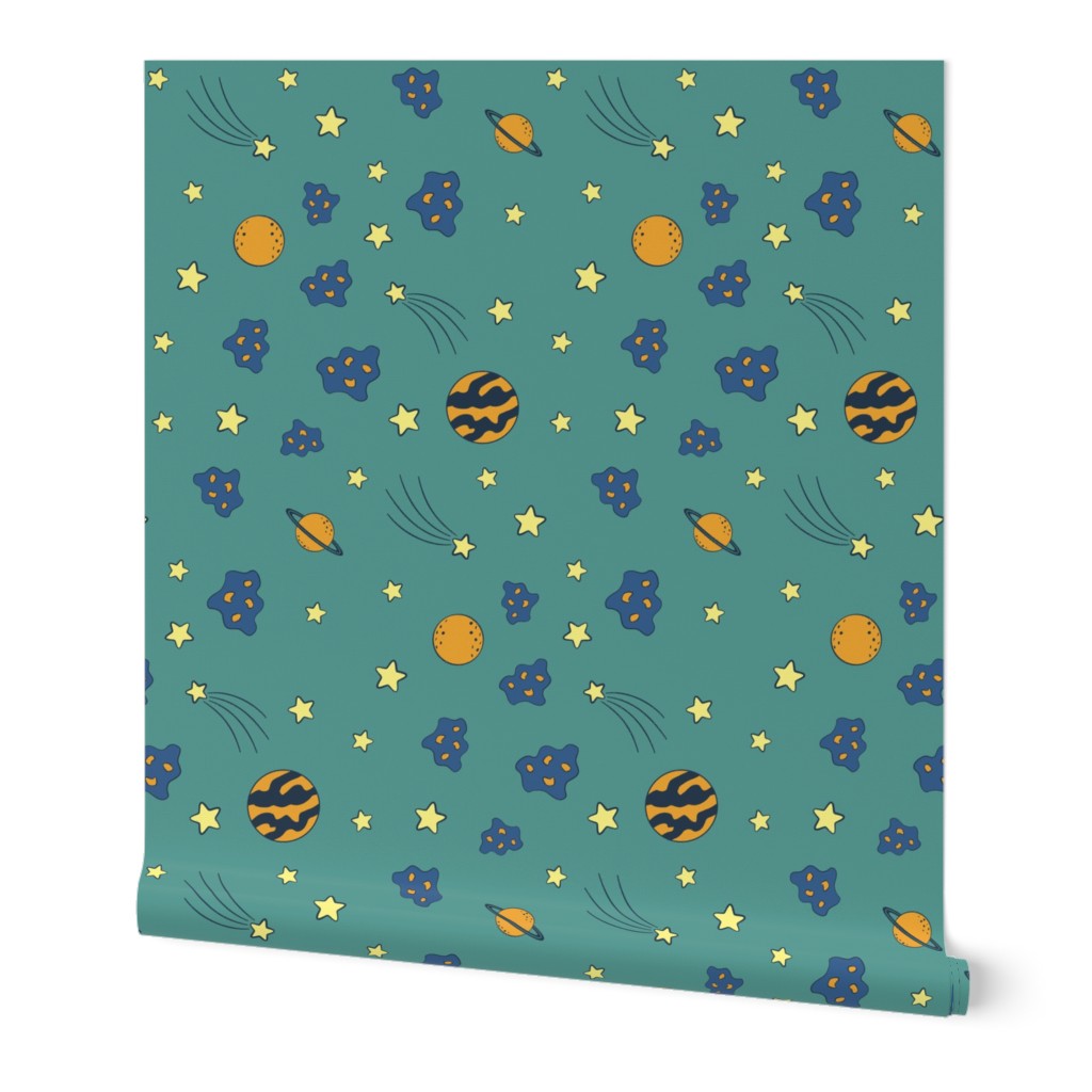 Yellow stars, blue asteroids, orange planets, on teal green