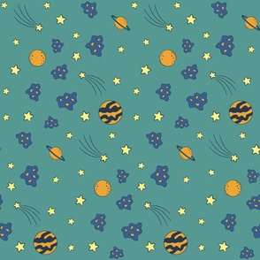 Yellow stars, blue asteroids, orange planets, on teal green