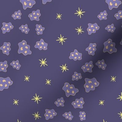 Yellow stars, lavender purple asteroids on dark blue