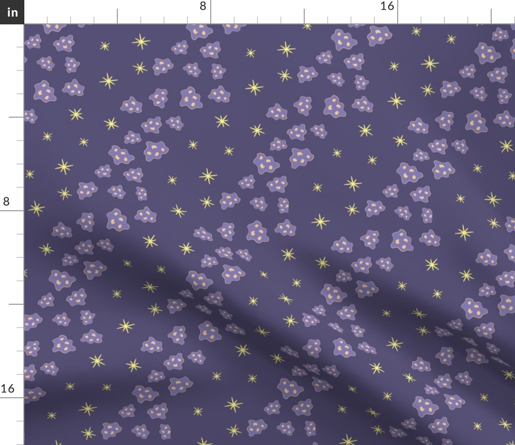 Yellow stars, lavender purple asteroids on dark blue