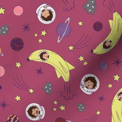 Astronaut monkey, banana rocket space ship, pink, red, purple planets, yellow stars, gray asteroids.