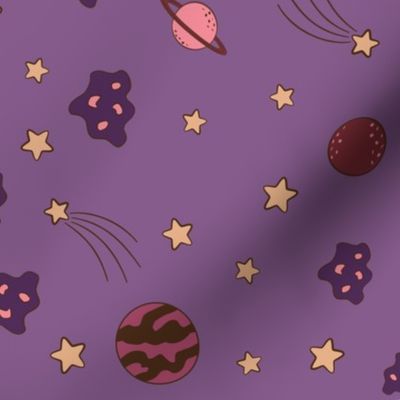 Yellow stars, purple asteroids, pink planets, on lavender