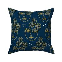 Boho Midnight Faces continuous line drawing navy blue yellow