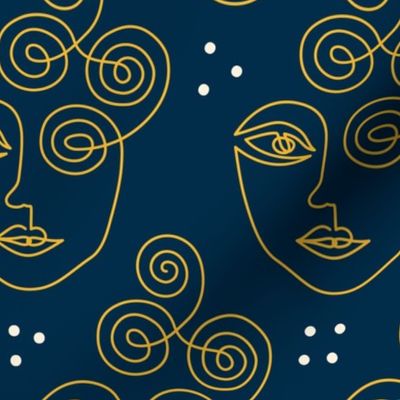 Boho Midnight Faces continuous line drawing navy blue yellow