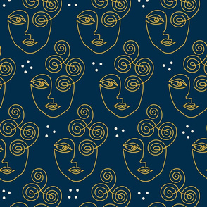Boho Midnight Faces continuous line drawing navy blue yellow