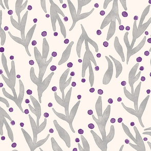 Gray Leaves and Purple Berries Watercolor Seamless Pattern