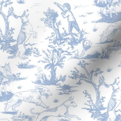 Small Dog Park Toile de Jouy, Soft Blue on White