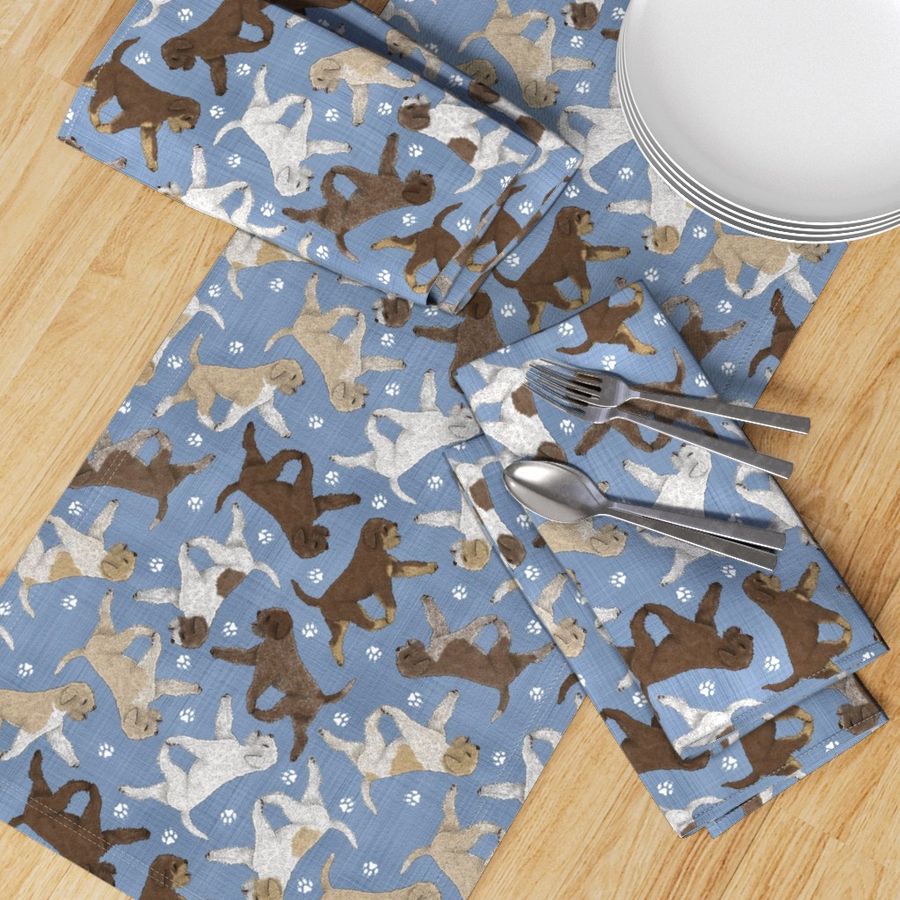 Trotting Lagotto Romagnolo and paw prints - faux denim