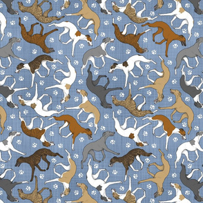 Trotting assorted Whippets and paw prints - faux denim