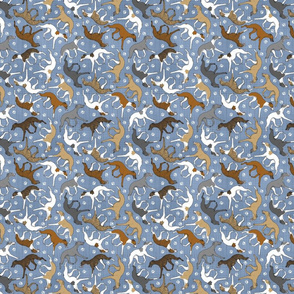 Tiny Trotting assorted Whippets and paw prints - faux denim