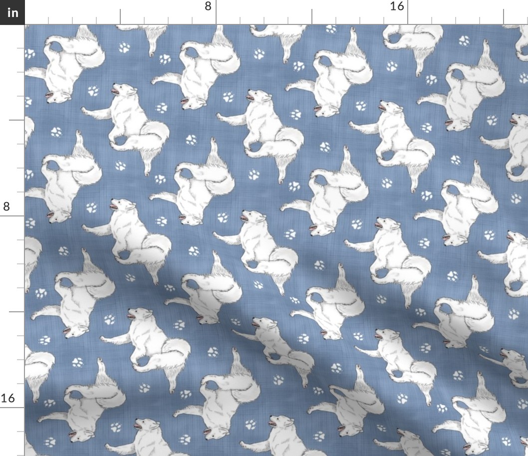 Trotting Samoyed and paw prints - faux denim