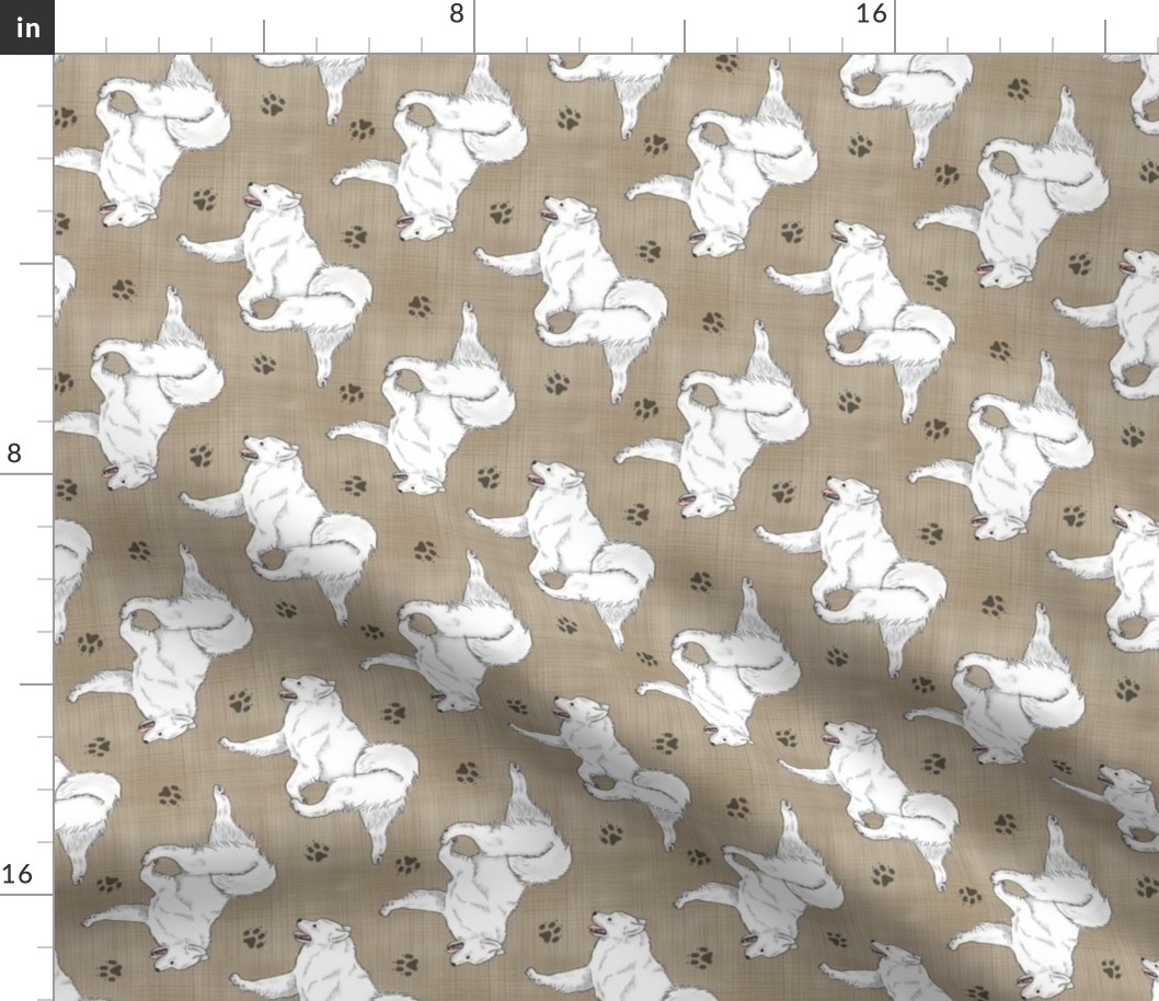 Trotting Samoyed and paw prints - faux linen