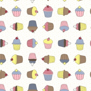 Pink, rose, vanilla yellow, chocolate brown, sky blue cupcakes